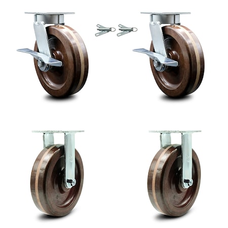 8 Inch Kingpinless High Temp Phenolic Wheel Caster Swivel Locks 2 Rigid, 2PK